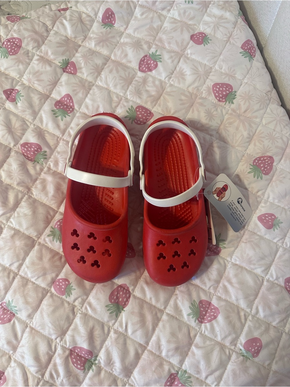CROCS Red Flats with White Strap Mickey Head Holes